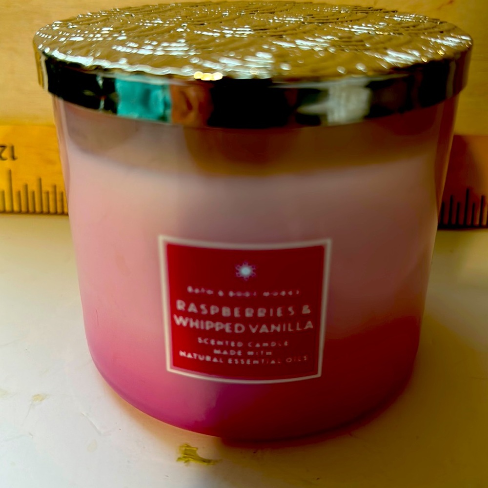 Bath and Bodyworks raspberries whipped vanilla scented candle 3 wick 14.5 oz